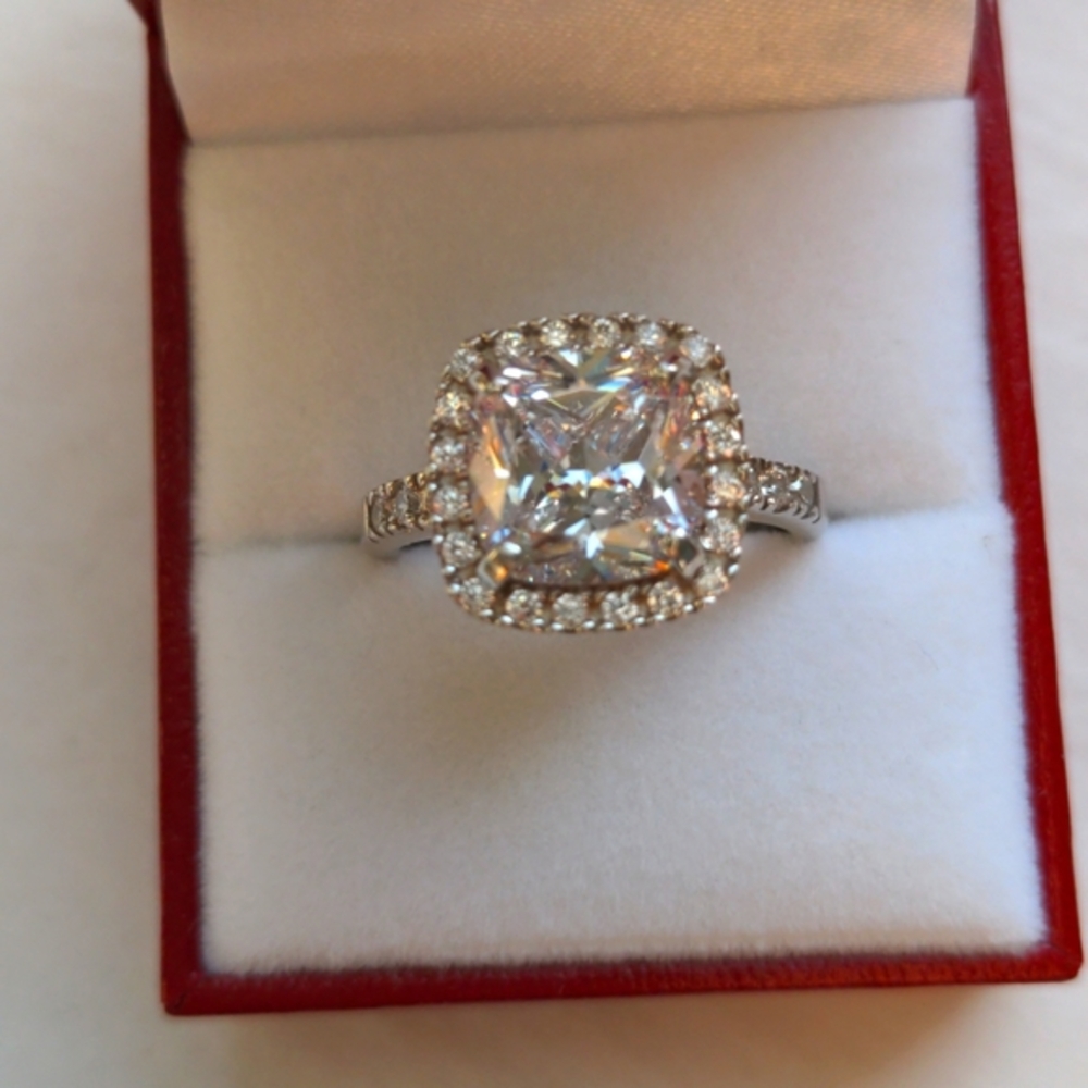 CZ Diamond sterling silver ring. New .Size 10  1/4. Cushion cut & halo. Boxed